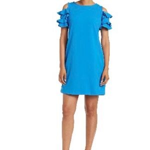 London Times Vibrant Blue Mini Dress with Ruffle Sleeves